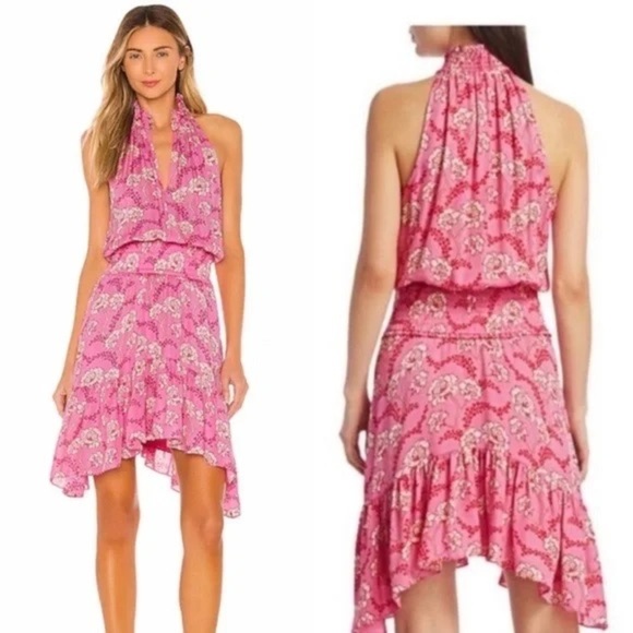 A.L.C. Pink/Red Floral Cody 100% Silk Halter Neck Dress 4 - Picture 1 of 12